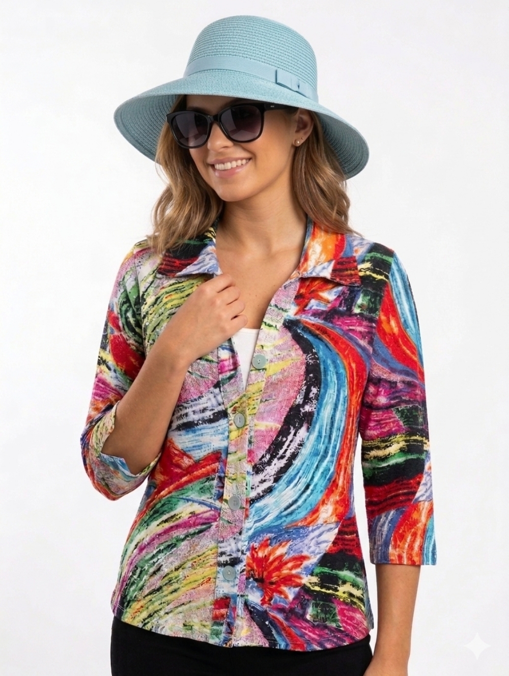 Parsley &Sage Linen Vibrant Abstract Button-Front Button Up Shirt 3/4 Sleeve M